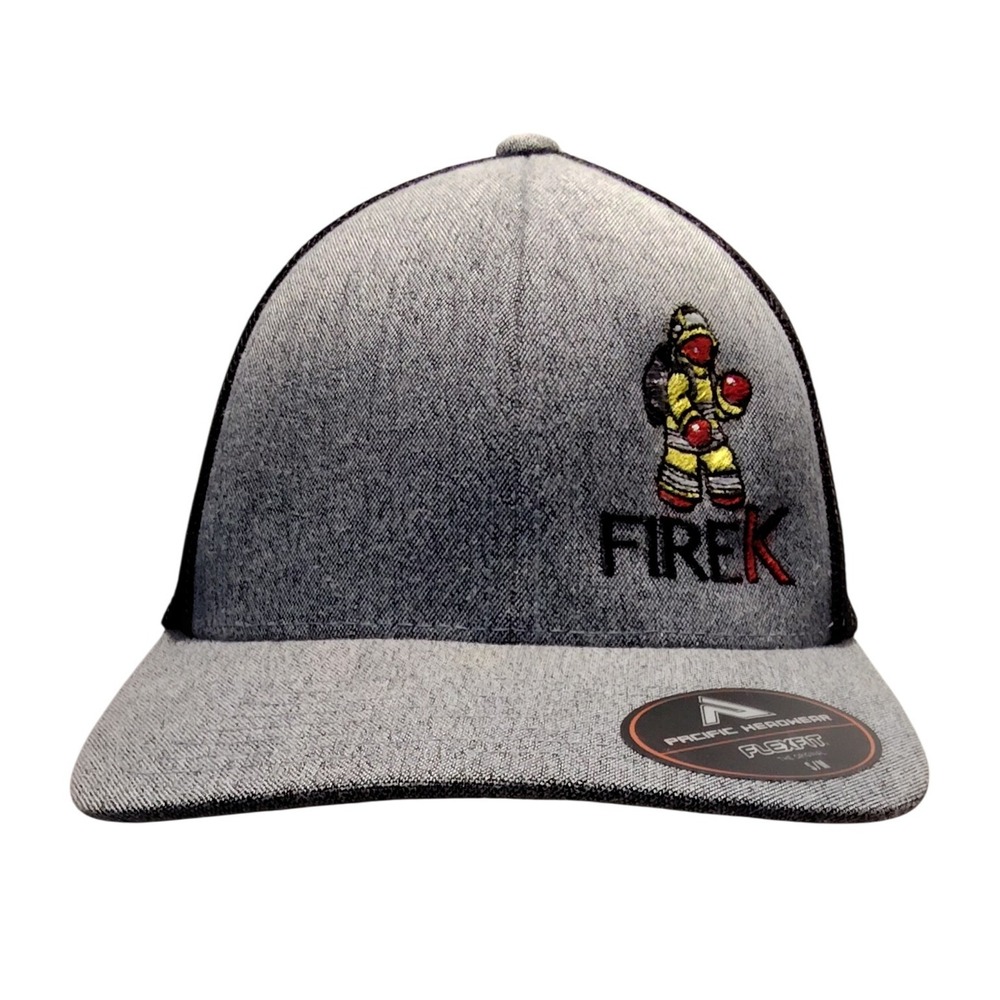 Pacific Headwear Fire K Trucker Hat Mens S/M Gray Black Flexfit Cap 405